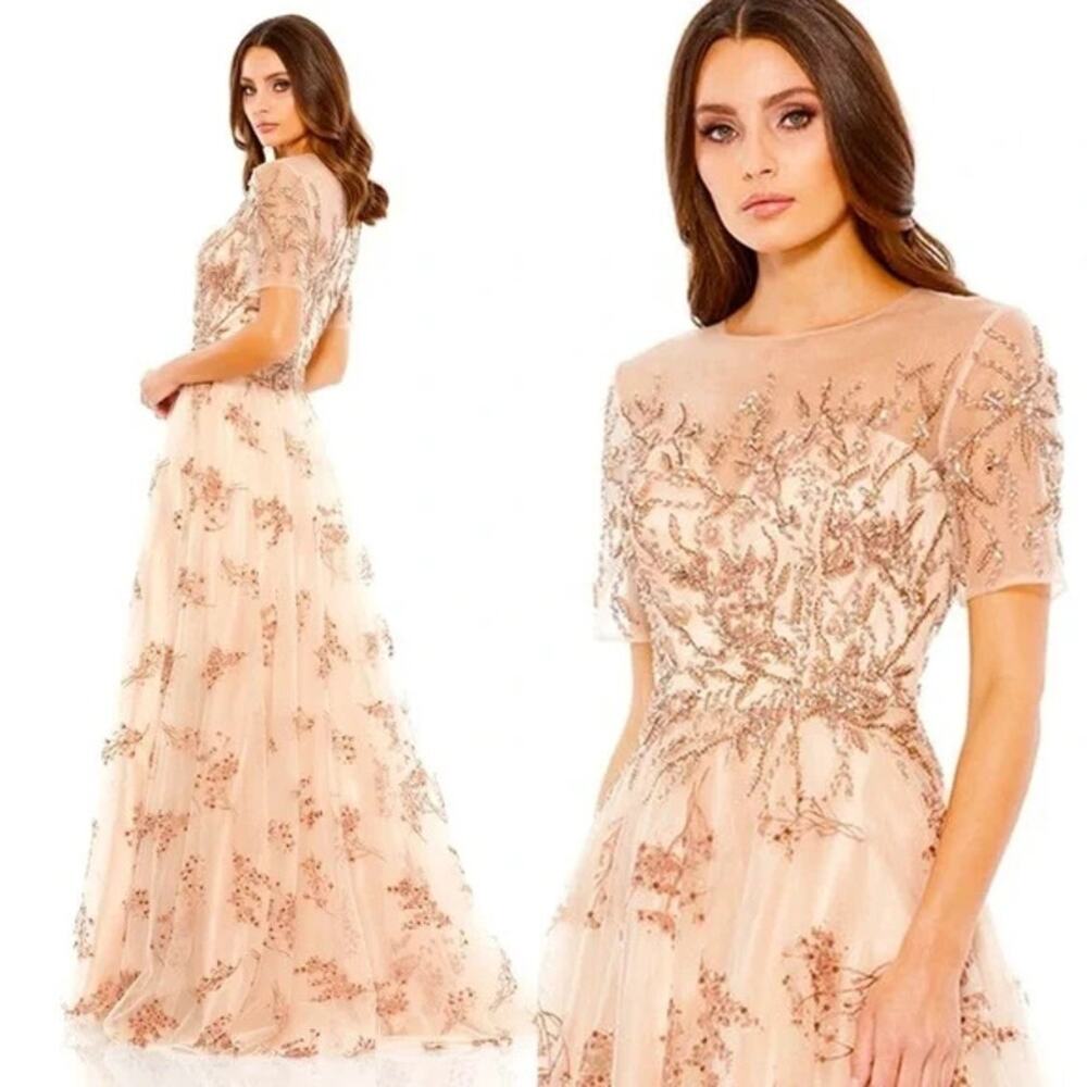Mac Duggal Women's Embellished Illusion Cap Sleeve A Line Gown Beige Size 6 NWT